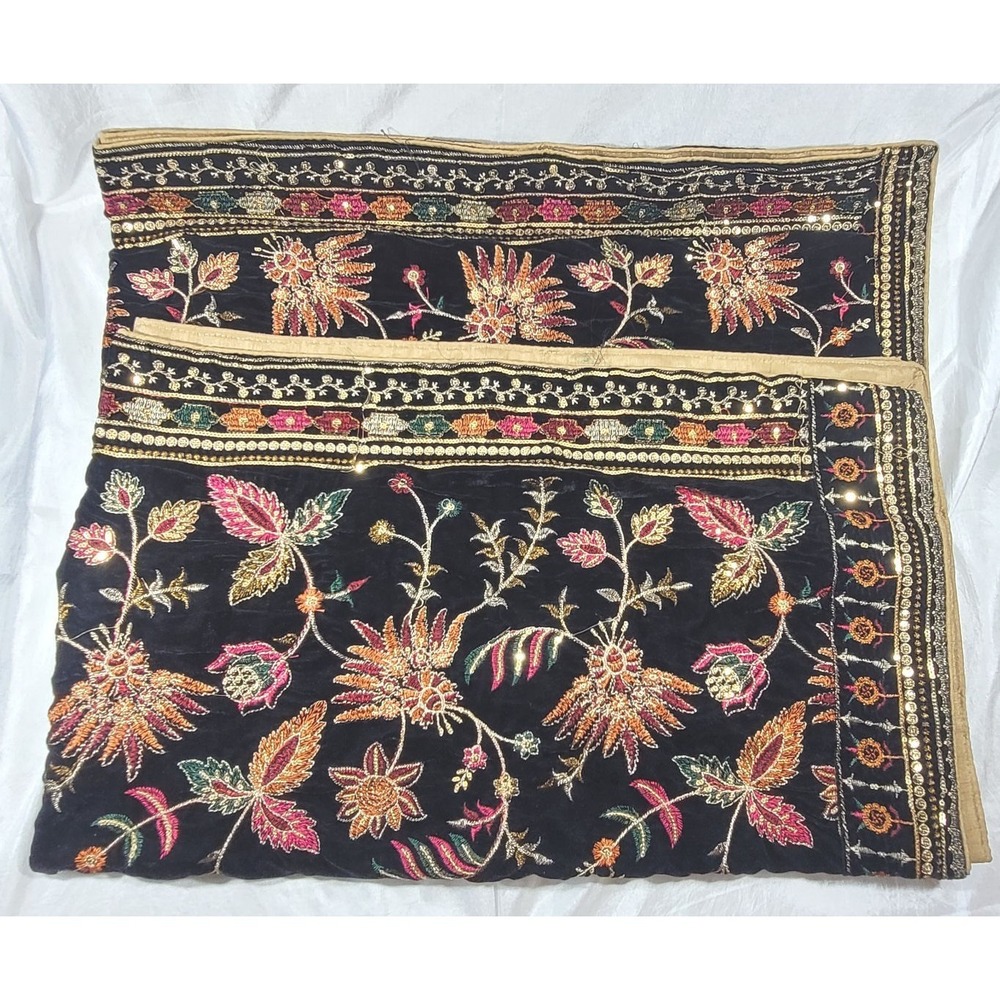 Gold Foil Embroidered Floral Festive Formal Dupatta Stole 35" x 88"‎ - Black